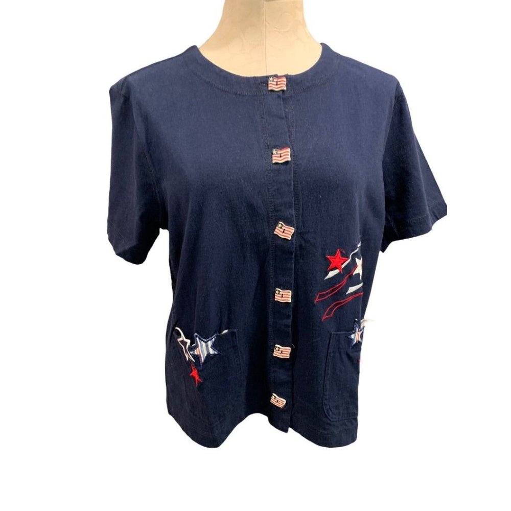 Large Onque Casuals American Flag Buttton Short Sleeve Women's Top